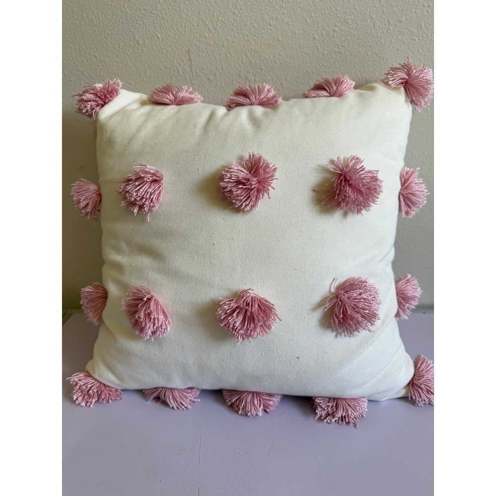 Boho Throw Pillow Pink Tassels Pom Pom Accent Decorative Cushion‎